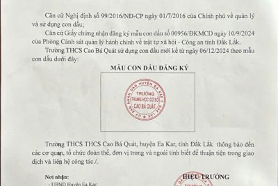 THÔNG BÁO VỀ VIỆC THAY ĐỔI CON DẤU NHÀ TRƯỜNG KỂ TỪ NGÀY 6/12/2024