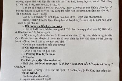 THÔNG BÁO TUYỂN SINH LỚP 6 NĂM HỌC 2024-2025